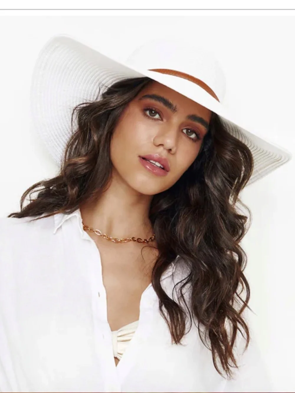 Melissa Odabash Jemima Floppy Wide Brim Hat, White and Tan Leather Trim - Picture 2 of 14
